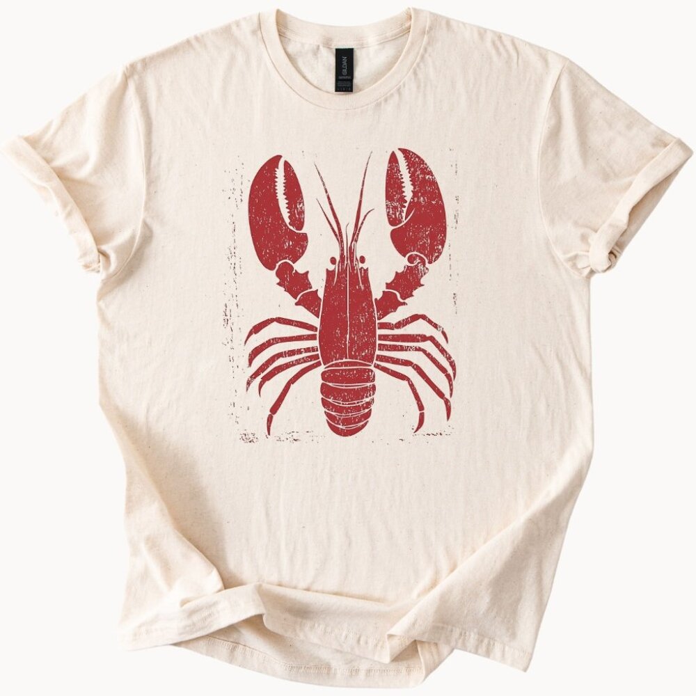 Lobster Graphic T-Shirt, Retro Lobster Print Tee, Coastal Beachwear Shirt Summer